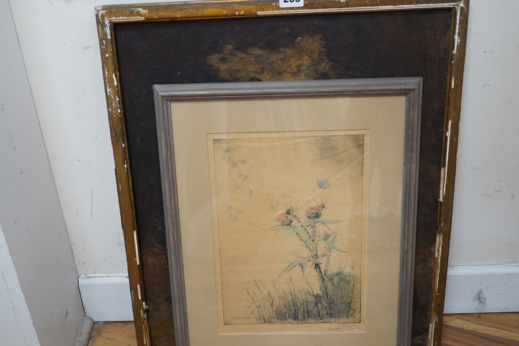 From the Studio of Fred Cuming. Laurence Perugini (1880-1940), colour etching, 'Thistles', signed in pencil, limited edition 5/25, 31 x 22cm. Condition - poor to fair